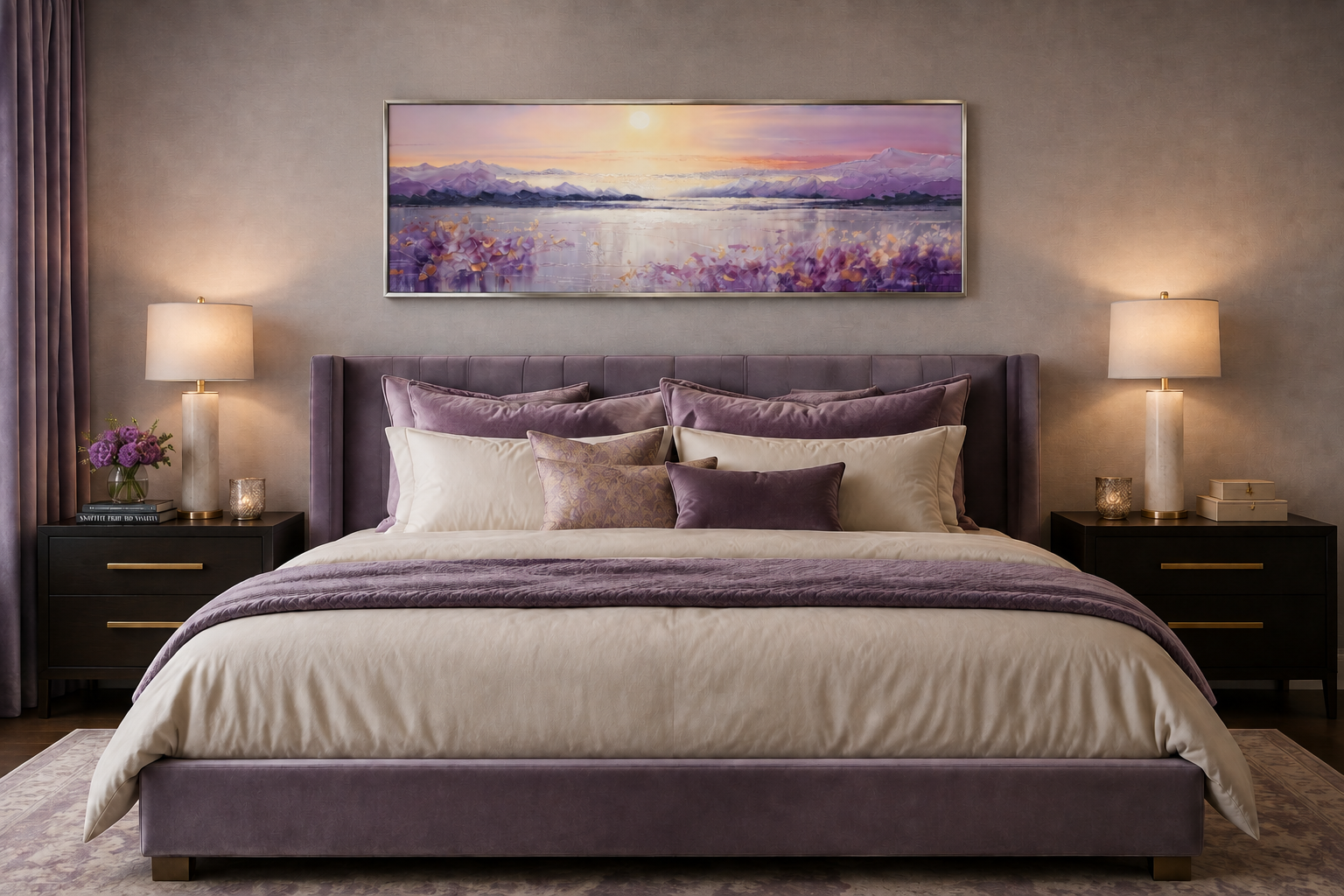 Purple Mountain Lake Sunset Painting long Horizontal Wall Art