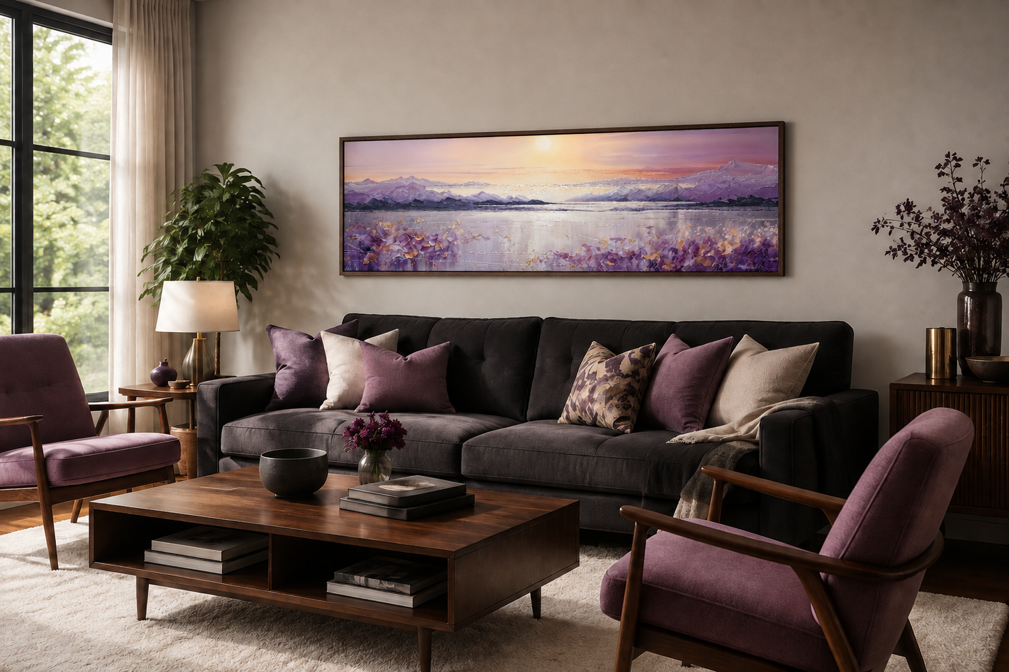 Purple Mountain Lake Sunset Painting long Horizontal Wall Art