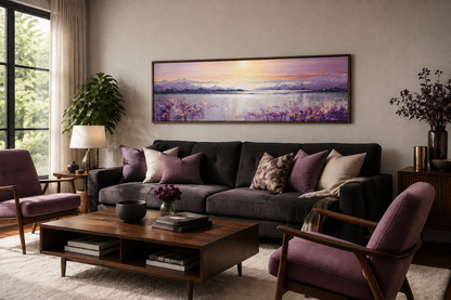 Purple Mountain Lake Sunset Painting long Horizontal Wall Art