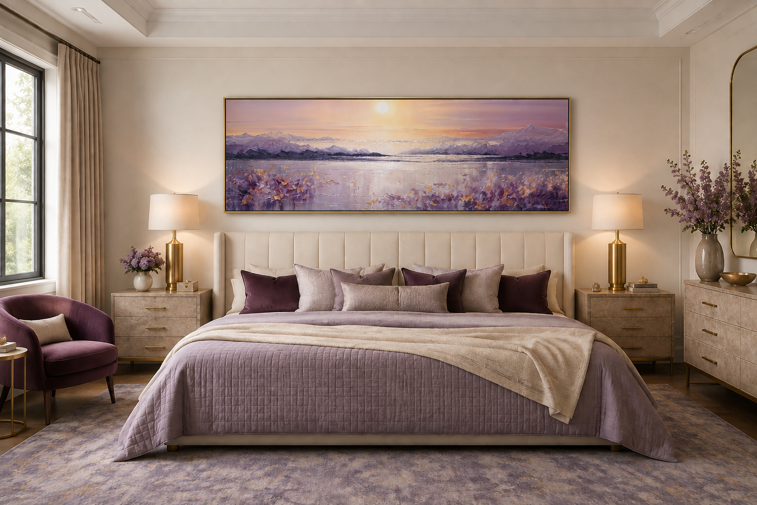 Purple Mountain Lake Sunset Painting long Horizontal Wall Art