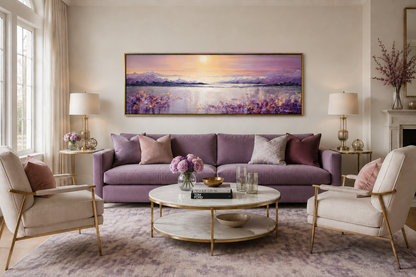Purple Mountain Lake Sunset Painting long Horizontal Wall Art