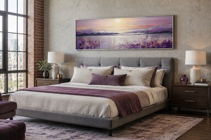 Purple Mountain Lake Sunset Painting long Horizontal Wall Art