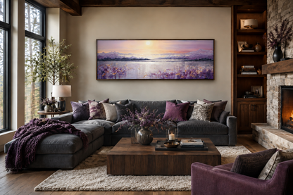 Purple Mountain Lake Sunset Painting long Horizontal Wall Art