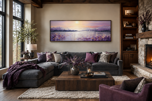 Purple Mountain Lake Sunset Painting long Horizontal Wall Art