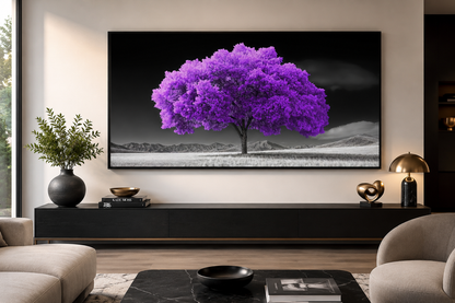 Purple Tree on Black White Background Framed Canvas Wall Art