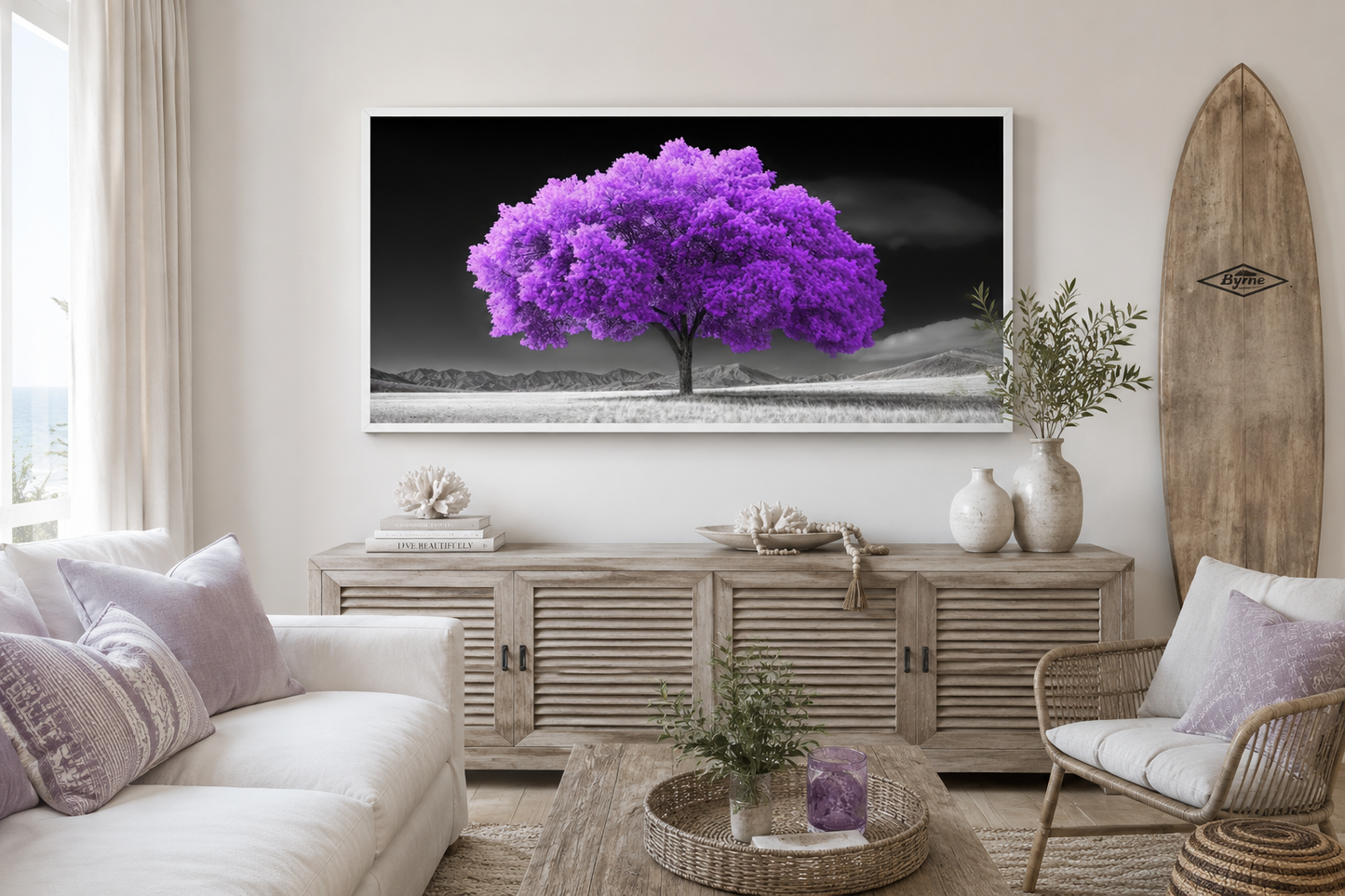 Purple Tree on Black White Background Framed Canvas Wall Art