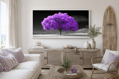 Purple Tree on Black White Background Framed Canvas Wall Art