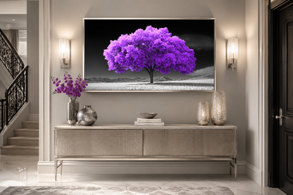 Purple Tree on Black White Background Framed Canvas Wall Art