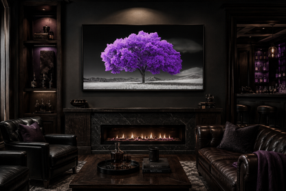 Purple Tree on Black White Background Framed Canvas Wall Art