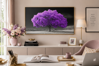 Purple Tree on Black White Background Framed Canvas Wall Art