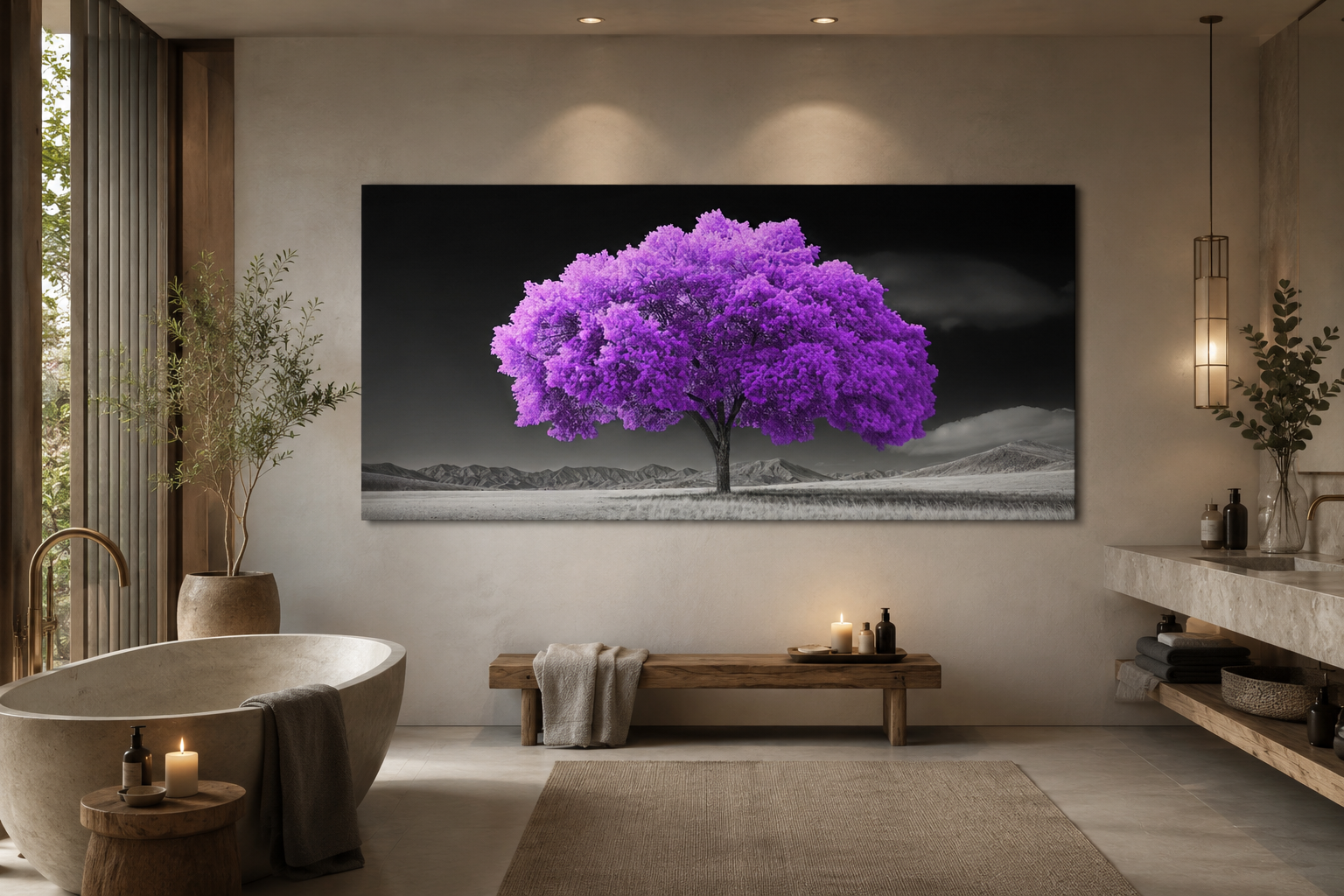Purple Tree on Black White Background Framed Canvas Wall Art