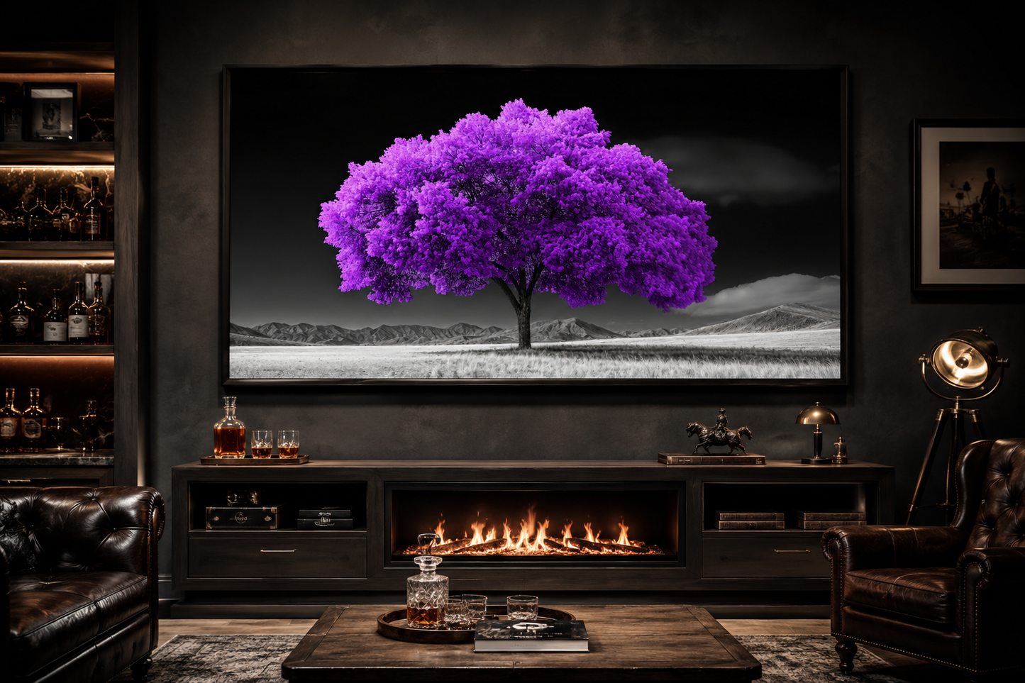 Purple Tree on Black White Background Framed Canvas Wall Art