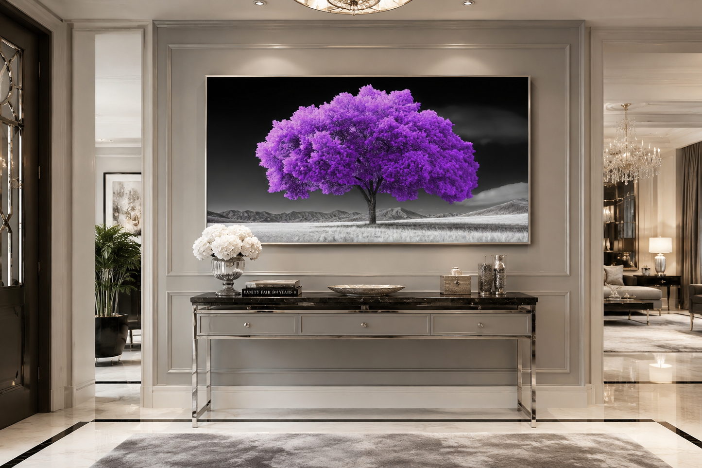 Purple Tree on Black White Background Framed Canvas Wall Art