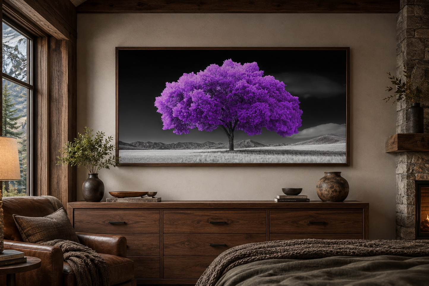 Purple Tree on Black White Background Framed Canvas Wall Art