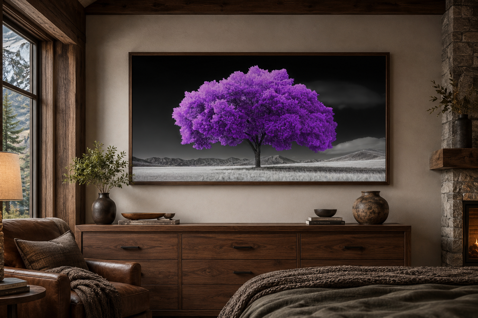 Purple Tree on Black White Background Framed Canvas Wall Art