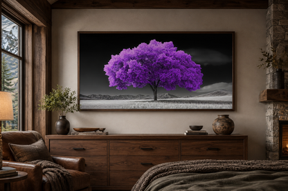 Purple Tree on Black White Background Framed Canvas Wall Art