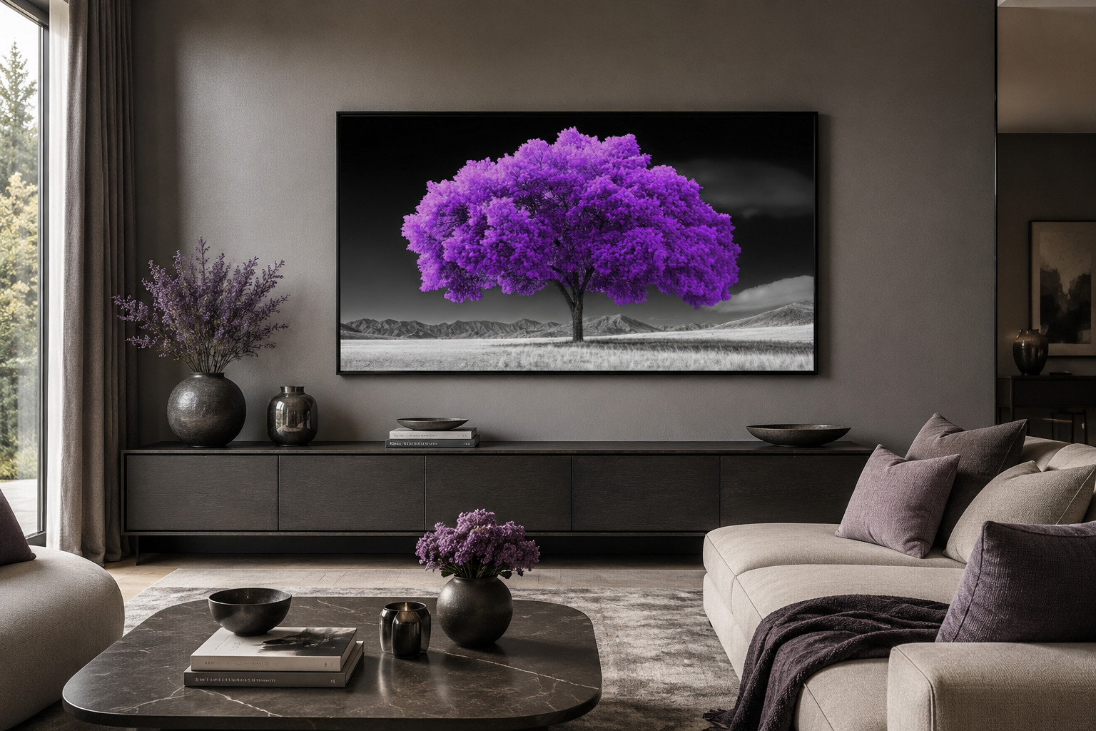 Purple Tree on Black White Background Framed Canvas Wall Art