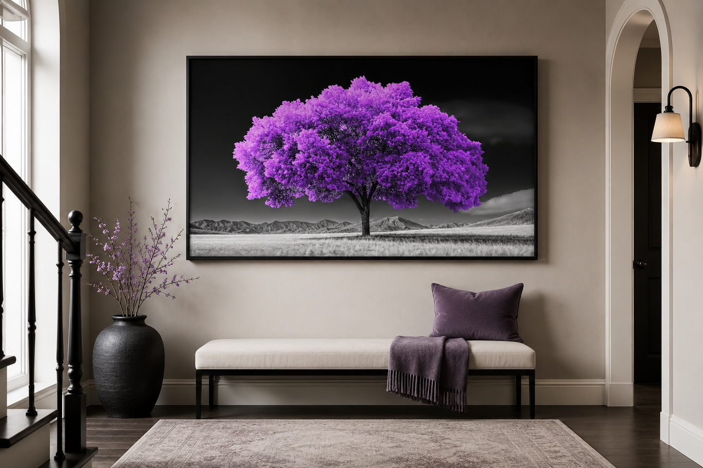 Purple Tree on Black White Background Framed Canvas Wall Art