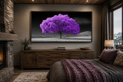 Purple Tree on Black White Background Framed Canvas Wall Art