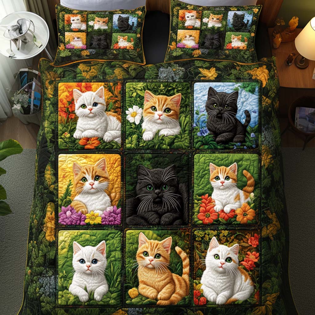 Purring Cat Bliss 3-Piece Quilted Bedding Set - Single (59" x 70")