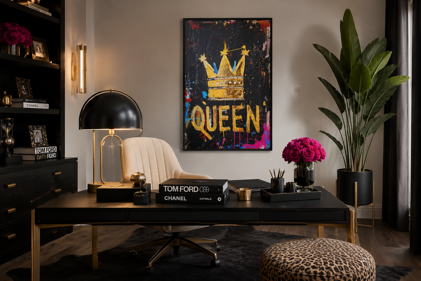 Queen Wall Art, Gold Crown With Word Queen Canvas Wall Art For Women's Office Decor