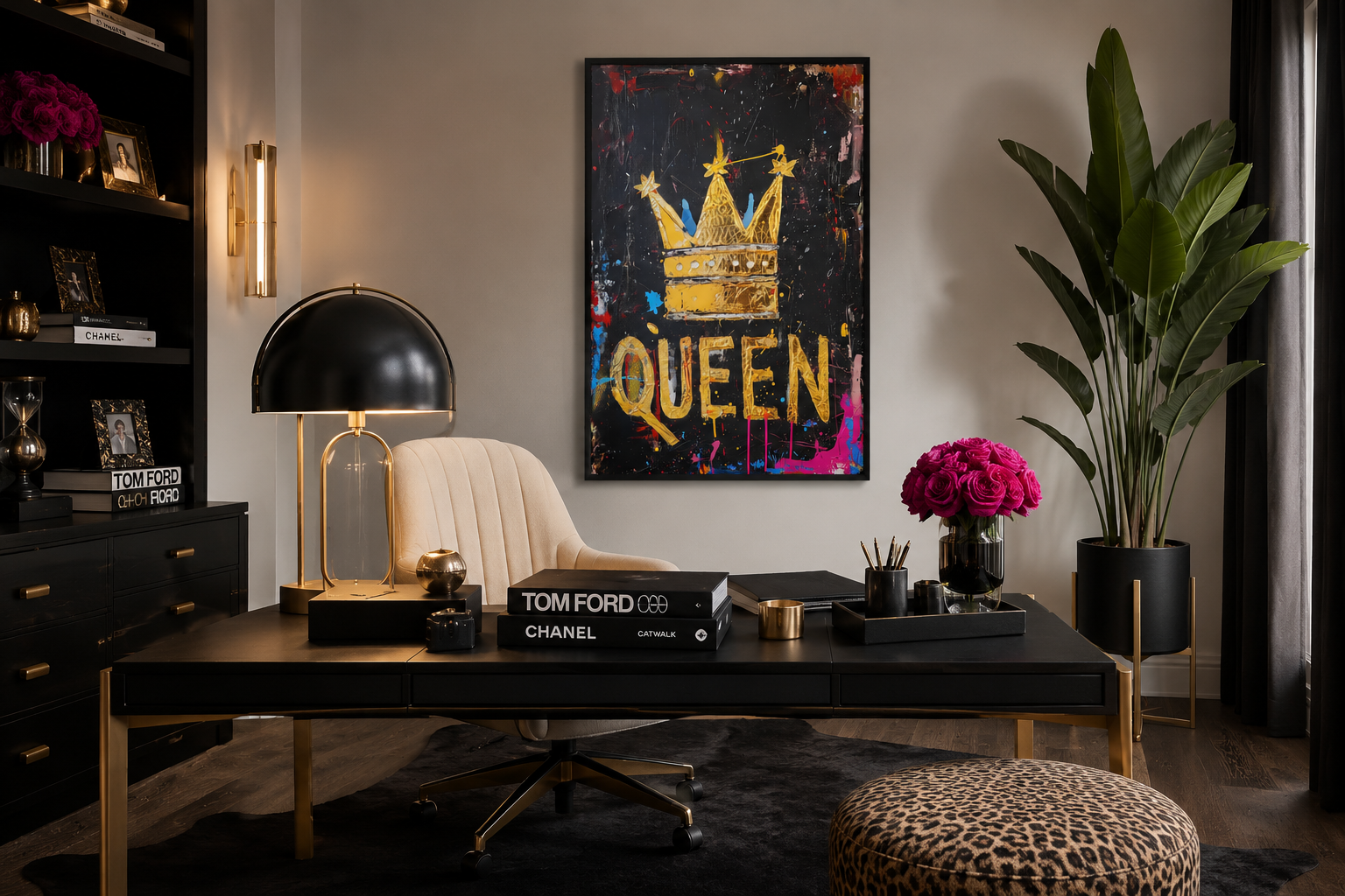 Queen Wall Art, Gold Crown With Word Queen Canvas Wall Art For Women's Office Decor