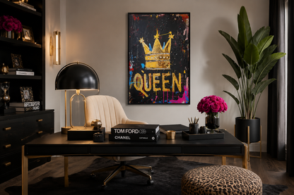 Queen Wall Art, Gold Crown With Word Queen Canvas Wall Art For Women's Office Decor