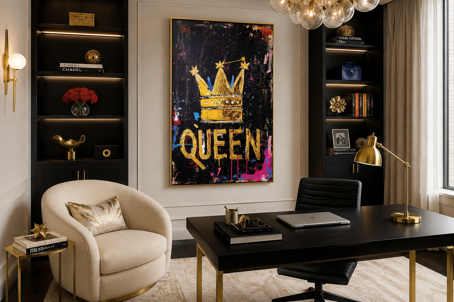 Queen Wall Art, Gold Crown With Word Queen Canvas Wall Art For Women's Office Decor