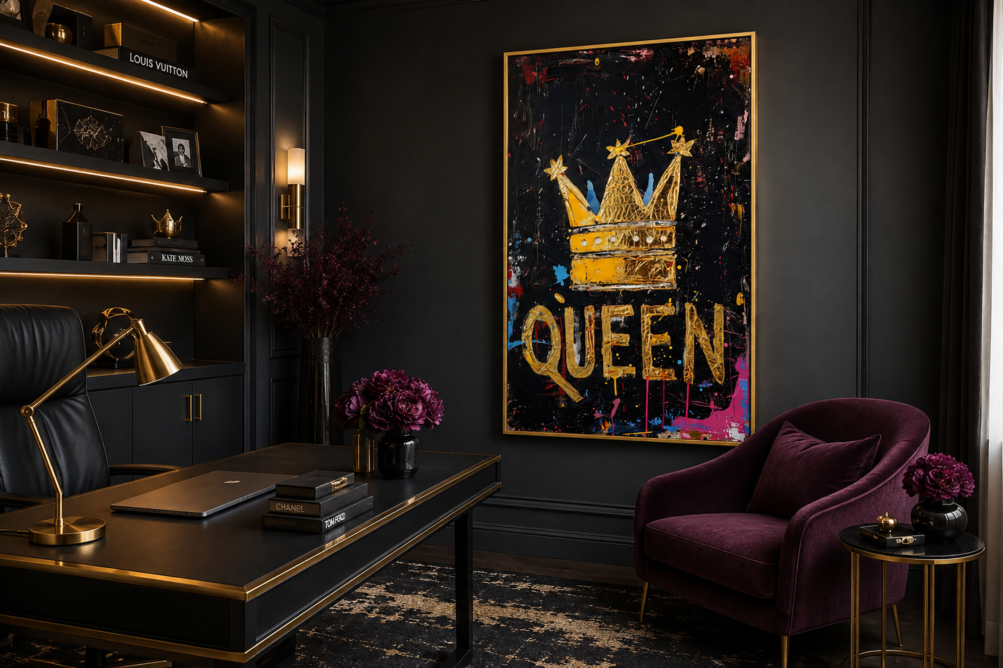 Queen Wall Art, Gold Crown With Word Queen Canvas Wall Art For Women's Office Decor