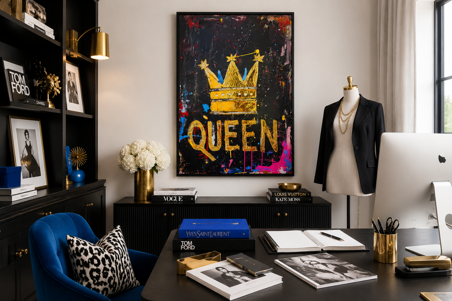 Queen Wall Art, Gold Crown With Word Queen Canvas Wall Art For Women's Office Decor