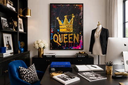 Queen Wall Art, Gold Crown With Word Queen Canvas Wall Art For Women's Office Decor