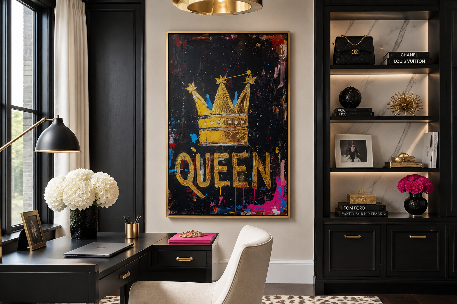 Queen Wall Art, Gold Crown With Word Queen Canvas Wall Art For Women's Office Decor