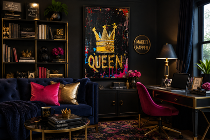 Queen Wall Art, Gold Crown With Word Queen Canvas Wall Art For Women's Office Decor
