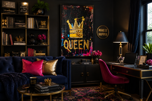 Queen Wall Art, Gold Crown With Word Queen Canvas Wall Art For Women's Office Decor