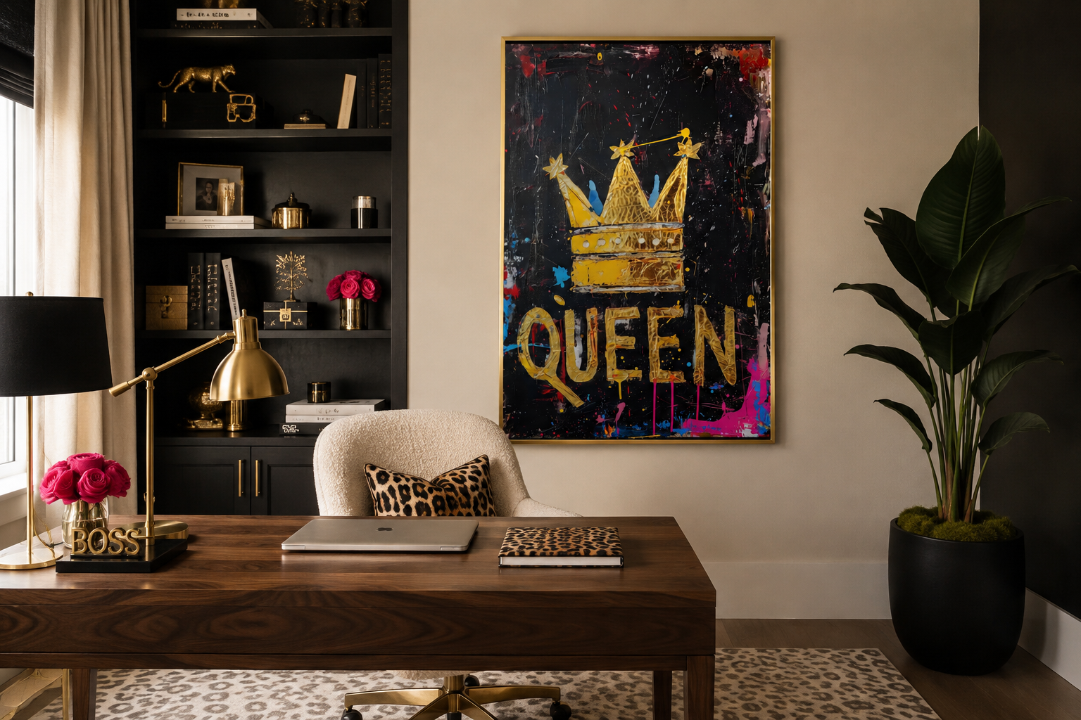 Queen Wall Art, Gold Crown With Word Queen Canvas Wall Art For Women's Office Decor