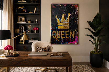 Queen Wall Art, Gold Crown With Word Queen Canvas Wall Art For Women's Office Decor