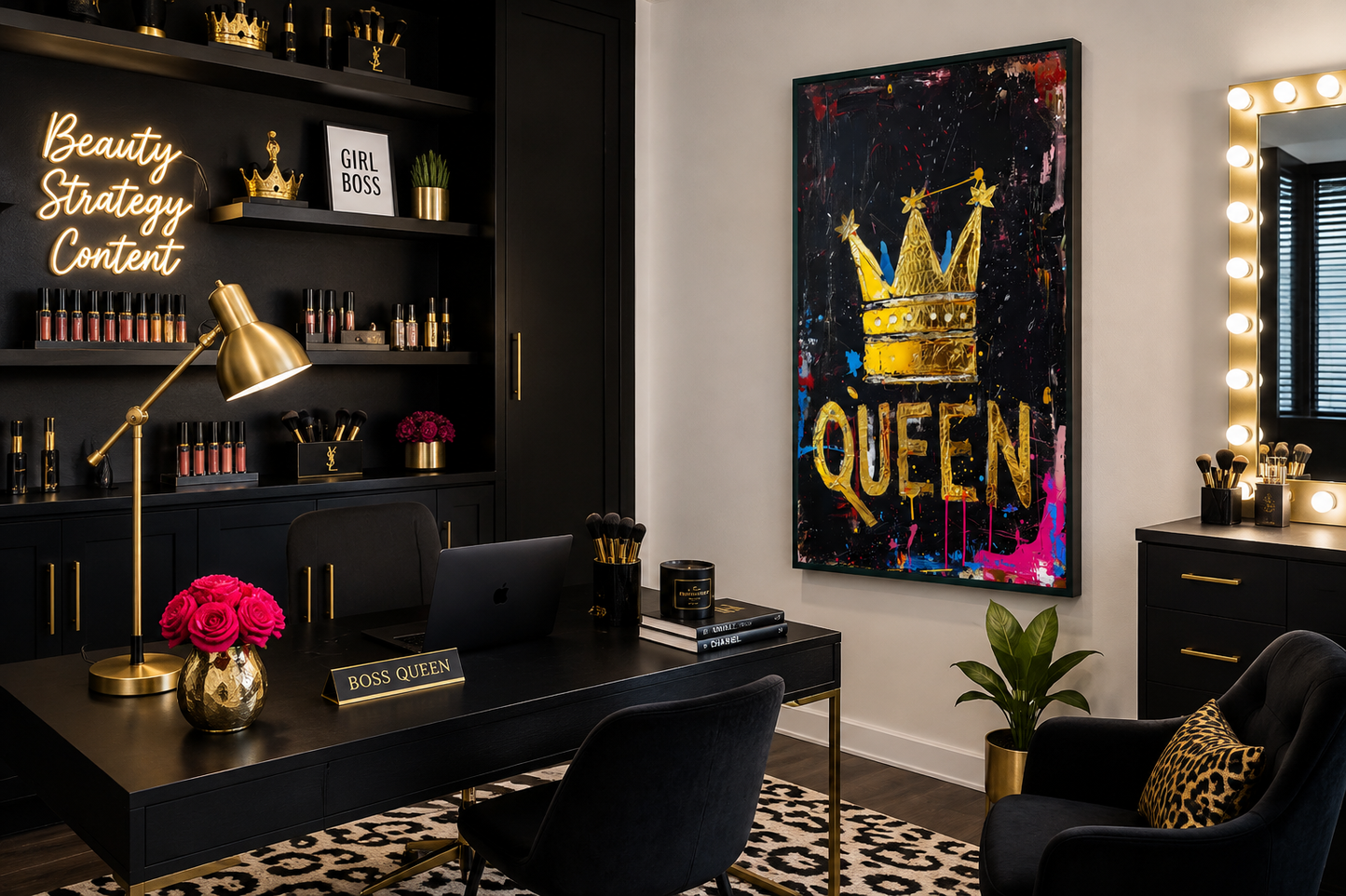 Queen Wall Art, Gold Crown With Word Queen Canvas Wall Art For Women's Office Decor