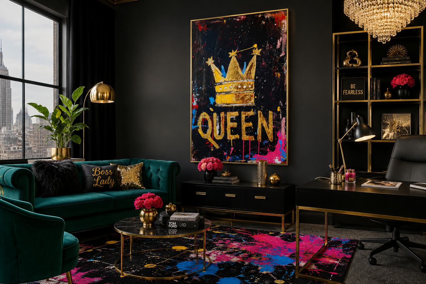 Queen Wall Art, Gold Crown With Word Queen Canvas Wall Art For Women's Office Decor