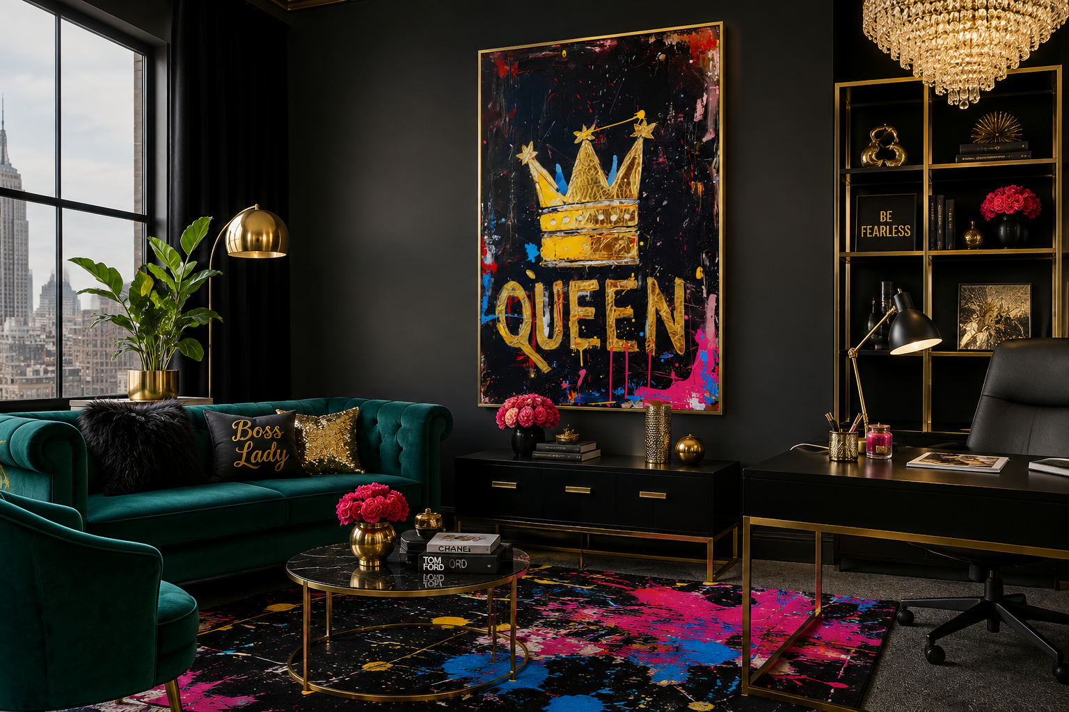 Queen Wall Art, Gold Crown With Word Queen Canvas Wall Art For Women's Office Decor