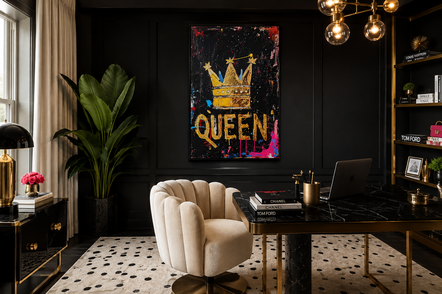 Queen Wall Art, Gold Crown With Word Queen Canvas Wall Art For Women's Office Decor