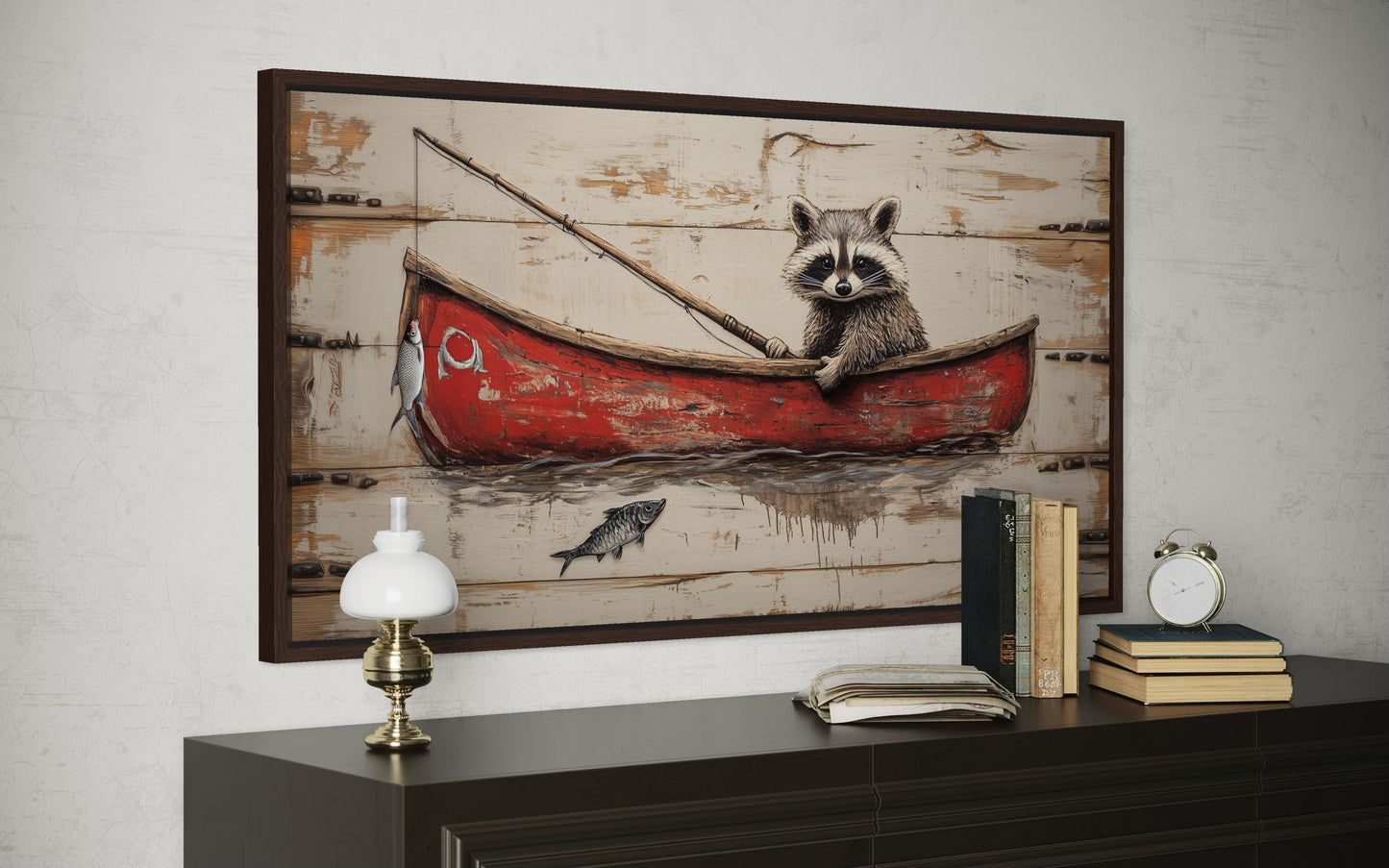Raccoon Fishing Wall Art | Whimsical Red Boat Artwork for Cozy Cabin & Lake House Wall Decor