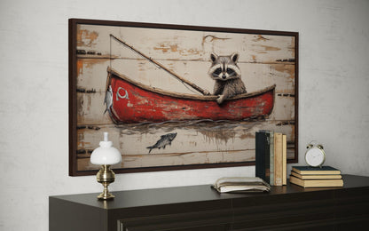 Raccoon Fishing Wall Art | Whimsical Red Boat Artwork for Cozy Cabin & Lake House Wall Decor