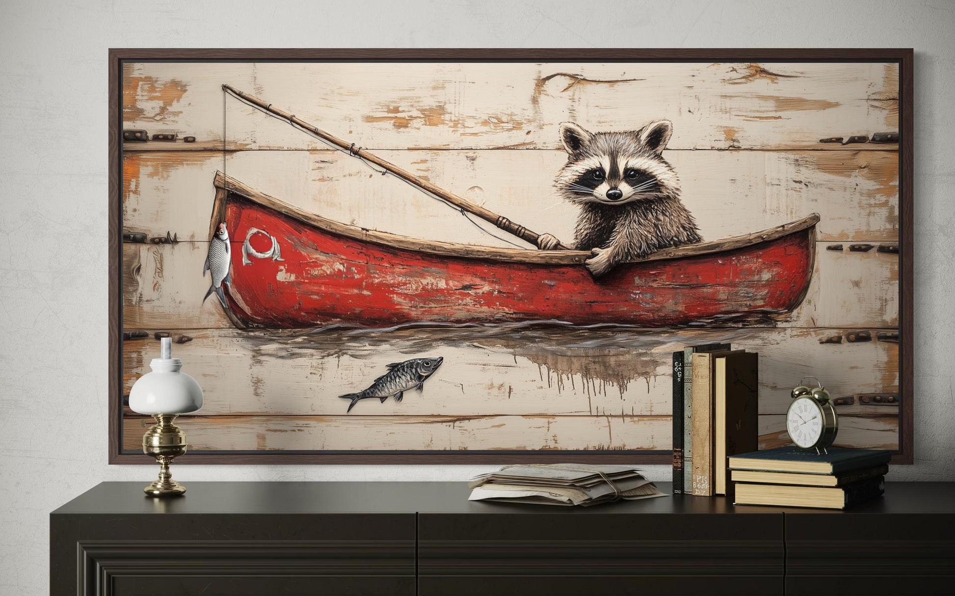 Raccoon Fishing Wall Art | Whimsical Red Boat Artwork for Cozy Cabin & Lake House Wall Decor