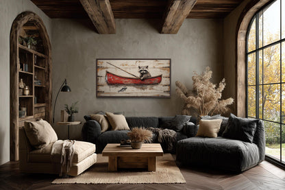 Raccoon Fishing Wall Art | Whimsical Red Boat Artwork for Cozy Cabin & Lake House Wall Decor