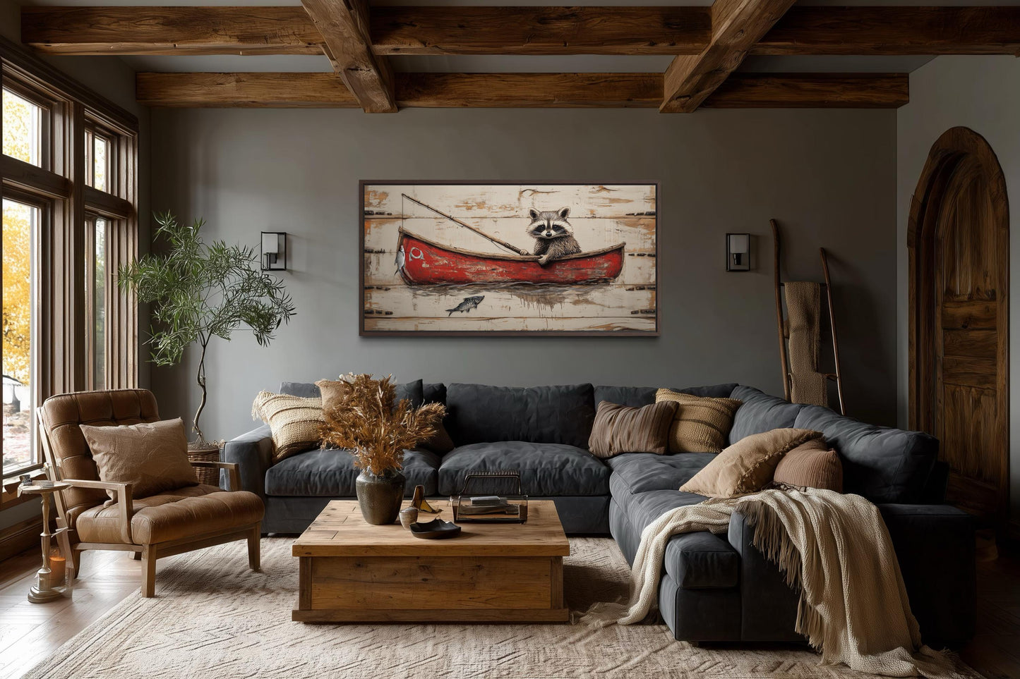 Raccoon Fishing Wall Art | Whimsical Red Boat Artwork for Cozy Cabin & Lake House Wall Decor