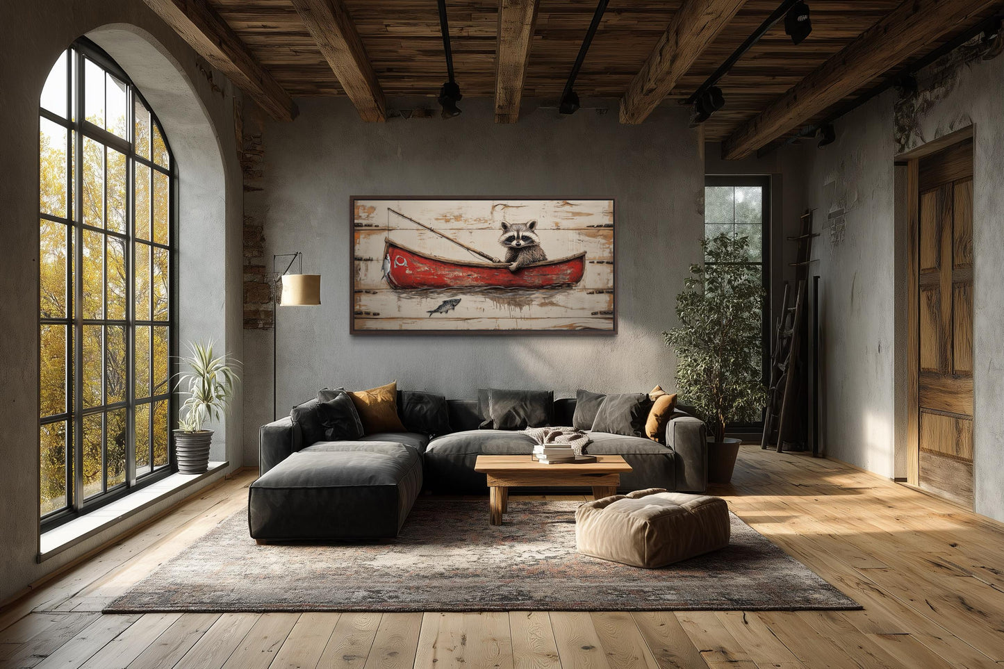 Raccoon Fishing Wall Art | Whimsical Red Boat Artwork for Cozy Cabin & Lake House Wall Decor