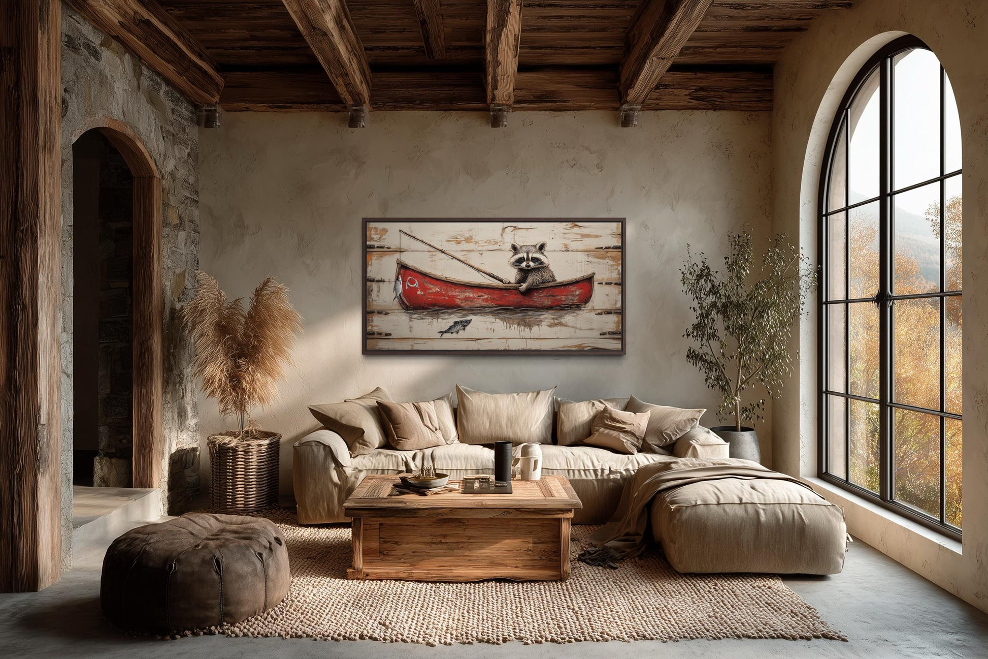Raccoon Fishing Wall Art | Whimsical Red Boat Artwork for Cozy Cabin & Lake House Wall Decor