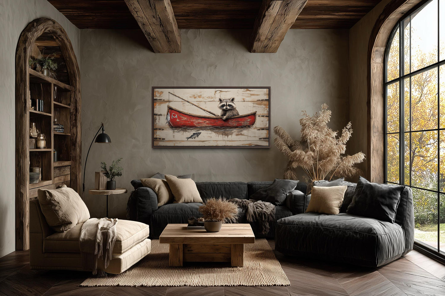 Raccoon Fishing Wall Art | Whimsical Red Boat Artwork for Cozy Cabin & Lake House Wall Decor