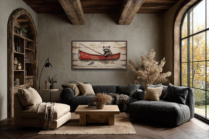 Raccoon Fishing Wall Art | Whimsical Red Boat Artwork for Cozy Cabin & Lake House Wall Decor