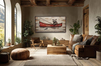 Raccoon Fishing Wall Art | Whimsical Red Boat Artwork for Cozy Cabin & Lake House Wall Decor